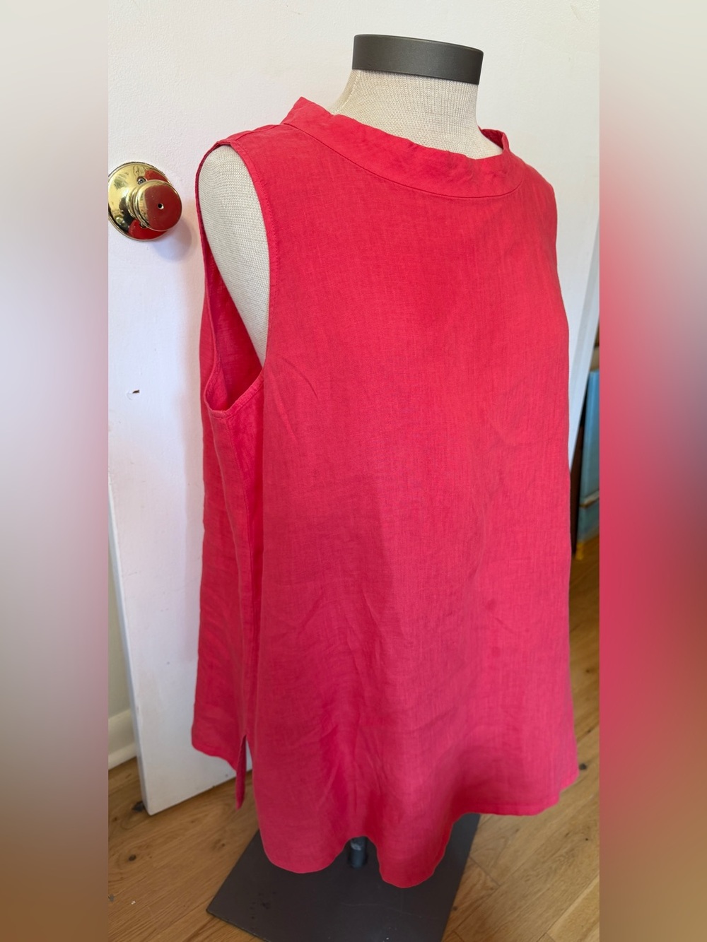 Eileen Fisher Handerkerchief Linen Polished Mock Neck Coral Red Tunic Top - Picture 5 of 7